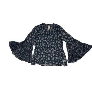 American Eagle MEDIUM Black Ditsy Flare Sleeve Floral AOP Prairie Ruffle Blouse